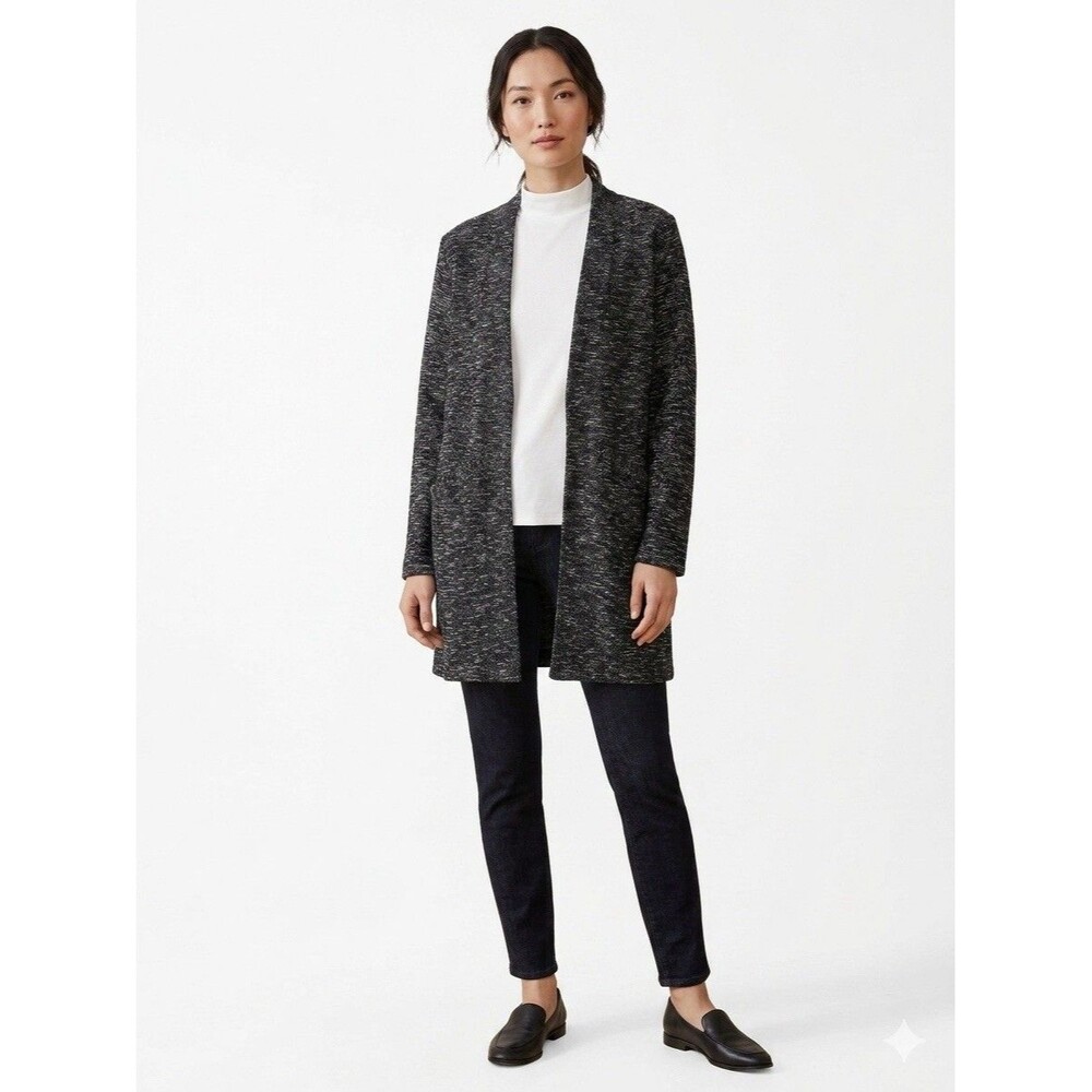 Eileen Fisher Cardigan Sweater Open Front Tweed Jacket LARGE Organic Cotton
